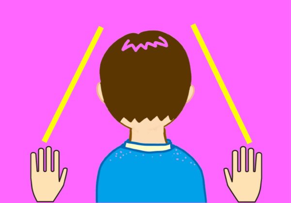壁を使わない三転倒立で頭と手をついている男の子のイラスト