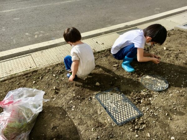 草むしりをしている男の子達